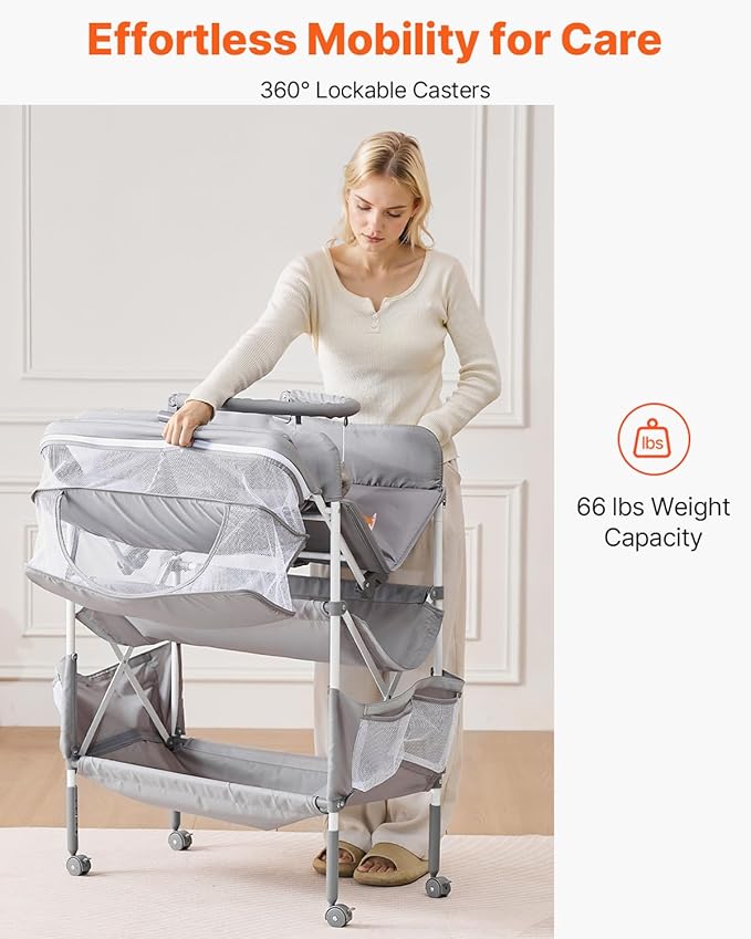 VEVOR Baby Changing Table, Foldable Diaper Change Station with 2 Fabric Drawers, Side Basket and Hanging Rod, Adjustable Height Changing Table with Lockable Wheels and 2 Star Toys, Light Gray