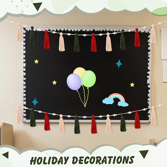 2 Pcs Tassel Garland with Wood Beads, Handmade Cotton Yarn Wall Hanging Banner Boho Tassel Wall Hanging Party Decor for Nursery, Birthday Baby Shower Home Classroom Decoration(Red Green)