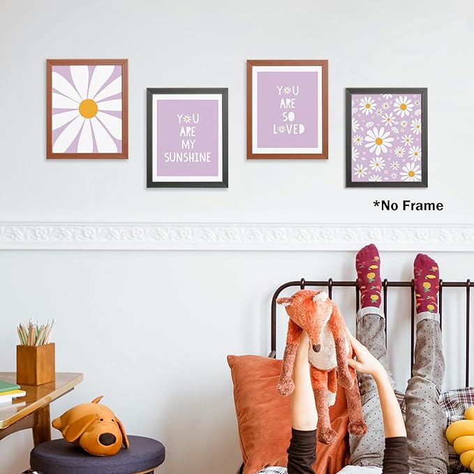 AEHIE Boho Purple Daisy Flower Wall Art Print, You Are My Sunshine Poster for Baby Girls Room Nursery, Bohemian Spring Aesthetic Floral Decor for Home, 4pcs