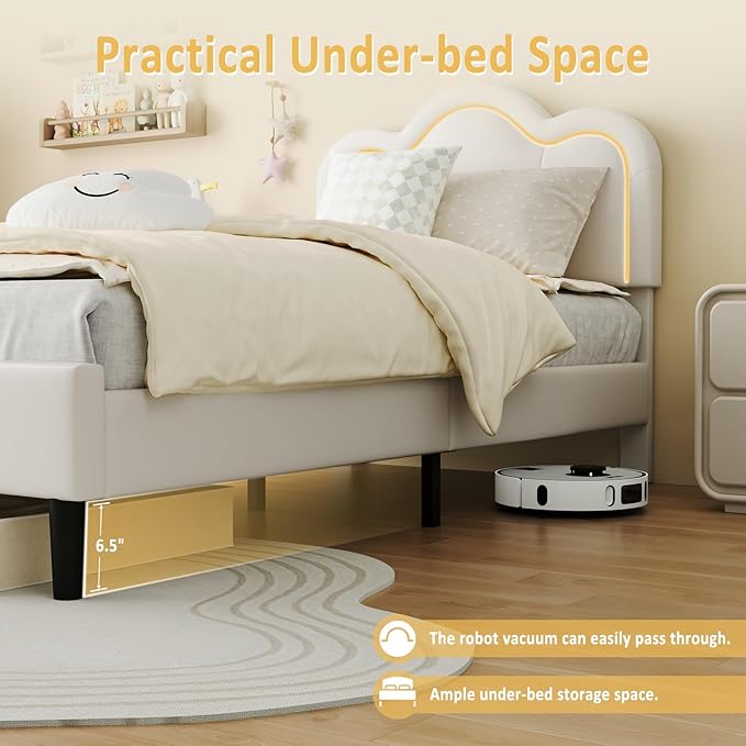 GarveeHome Twin Upholstered LED Bed Frame with Headboard, Faux Leather Princess Platform Bed Frame for Kids, Wooden Slats Support, No Box Spring Needed (Cream, Twin)