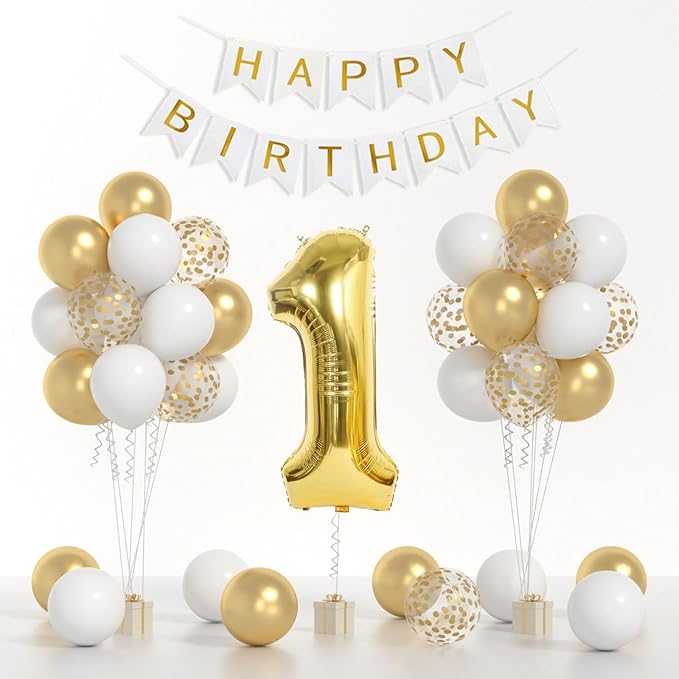 1st Birthday Decorations,40inch Gold Number 1 Balloon And Happy Birthday Banner With 12inch Metallic Gold White Confetti Balloons For One Year Old Boys Birthday Decorations