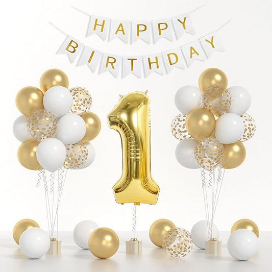 1st Birthday Decorations,40inch Gold Number 1 Balloon And Happy Birthday Banner With 12inch Metallic Gold White Confetti Balloons For One Year Old Boys Birthday Decorations