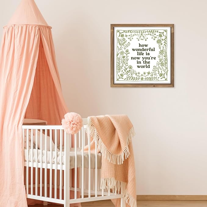 pechpell 11.8 Inch Nursery Wall Decor, Green Wooden How Wonderful Life Is Now You're In The World Sign, Boho Vintage Baby Girl Woodland Nursery Art Kids Room Playroom Table Shelf Decorations for Home