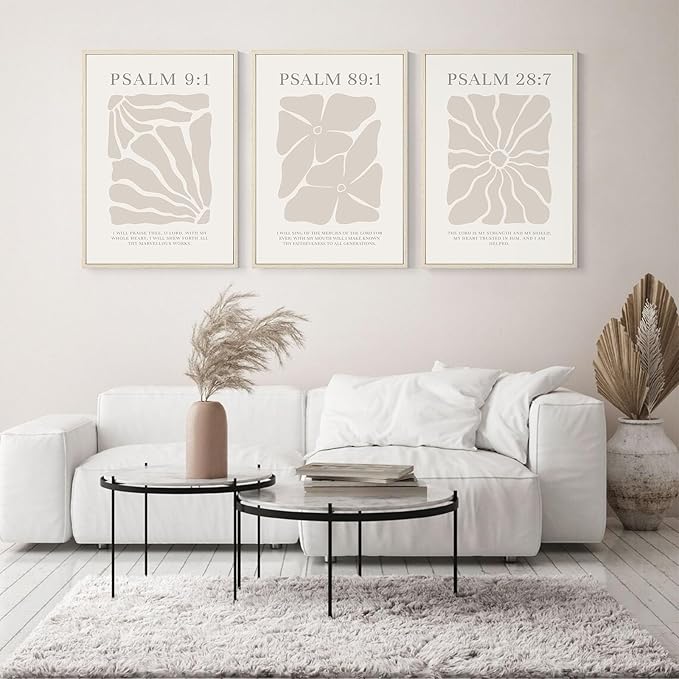 Joocrise Scripture Christian Wall Art Set of 3 Beige Bible Verses Wall Decor Neutral Psalm Canvas Wall Art Modern Pictures Flower Prints Christian Artwork for Living Room Bedroom 12x16 Inch Framed
