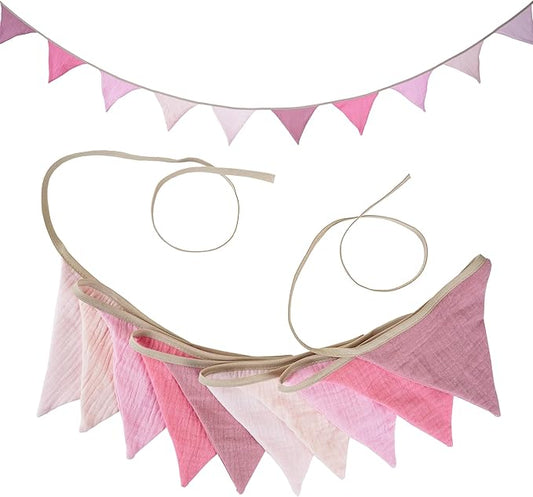 Fabric Bunting Banner, 2 Pack Handmade Neutral String Banner Each 8.5 ft 10 Flags Nursery Wall Hanging Wedding Birthday Home Baby Shower Party Decoration Bunting (Pink)