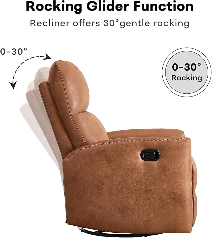 Swivel Rocker Recliner Chair, Manual Faux Leather Glider Rocking Recliners for Adults, 360° Swivel Nursery Reclining Sofa with Padded Backrest for Living Room, Dark Brown