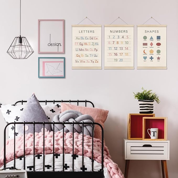 Set of 3 Alphabet Numbers Poster Hanger Frame, Preschool Learning Posters, Educational Canvas Wall Art, Montessori Nursery Wall, Toddler Room Decor for Boys Girls 16x12 Inch, Boho Classroom Decor