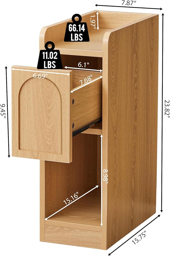 Narrow Nightstand, Slim Bedside Table with Raised Edge Top, Arched Drawer & Open Shelf, Modern Wooden Small Side End Table for Bedroom or Living Room (1, Natural)