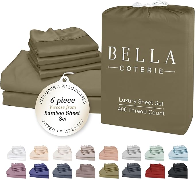Bella Coterie 6 Piece Luxury Bamboo Viscose Queen Size Sheet Set | 100% Organically Grown | Cooling for Hot Sleepers | 18" Deep Pocket | Soft & Hypoallergenic | 4 Pillowcases [Olive]