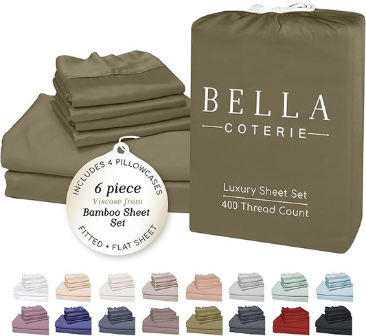 Bella Coterie 6 Piece Luxury Bamboo Viscose Split Top King Size Sheet Set | 34" Split for Adjustable Beds | 100% Organically Grown| Cooling | 18” Deep Pocket | 4 Pillowcases [Olive]