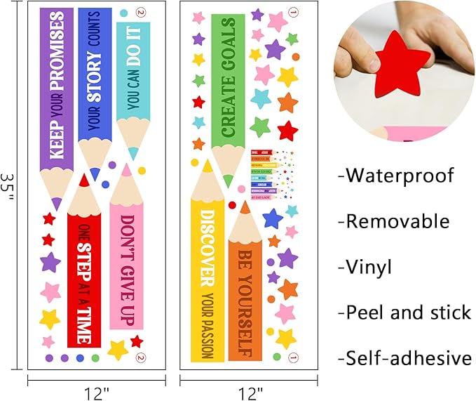 Mfault Colorful Pencil Inspirational Wall Decals Stickers, Cute Motivational Quote Rainbow Stars Nursery Decorations Kids Bedroom Art, Positive Be Yourself Baby Toddler Room Playroom Classroom Decor