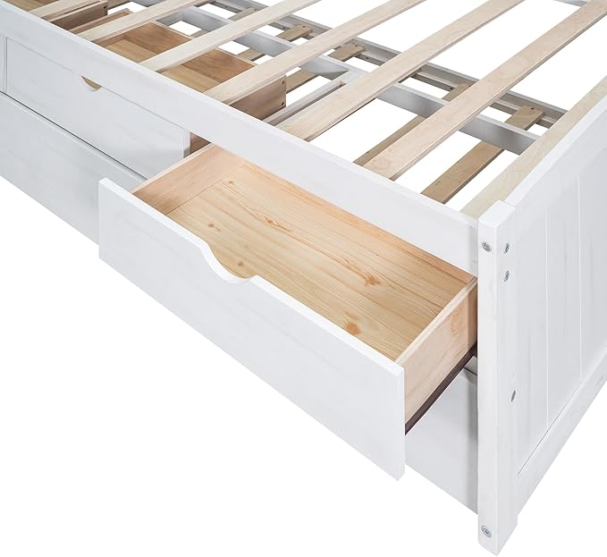 Harper & Bright Designs Twin Size Captain Bed with Built-in Bookshelves/3 Storage Drawers/Trundle, Wooden Twin Daybed Bed Frame for Kids Teens Dorm Bedroom Multipurpose Guest Room, White Wash