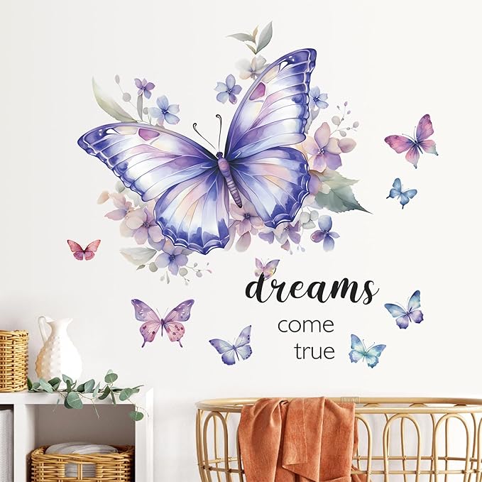 Purple Butterfly Wall Decals Removable Butterfly Flower Wall Stickers Peel and Stick Butterflies Wall Decor Stickers for Kids Girls Bedroom Nursery Bathroom Decorations VA-G006