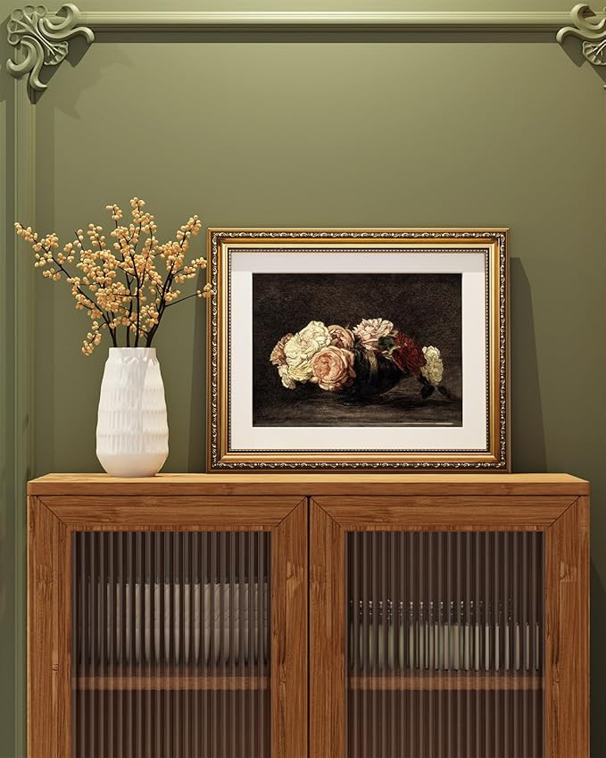 ARPEOTCY Vintage Gold Framed Wall Art, Retro Floral Roses Flower Paintings, Canvas Prints Artwork with Antique Pictures Frame, Victorian Wall Picture Decor for Living Room Bedroom, 13x16 inch