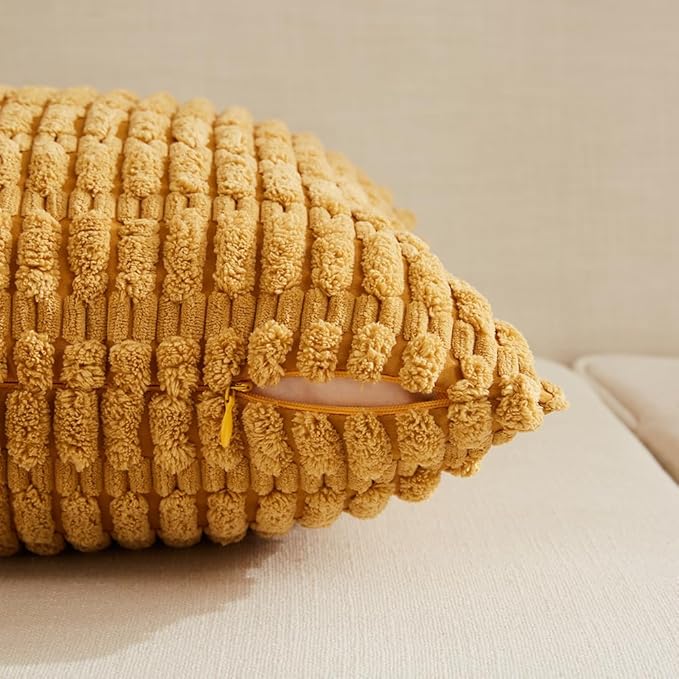 Fancy Homi 2 Packs Mustard Yellow Decorative Throw Pillow Covers 26x26 Inch for Living Room Couch Bed Sofa, Rustic Farmhouse Boho Home Decor, Soft Striped Corduroy Square Cushion Case 66x66 cm