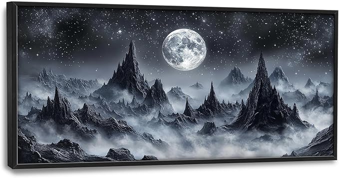 Olivine Mountain Large Wall Art, Black And White Pictures Wall Decor, Nature Landscape Paintings, Moon Canvas Prints, Framed Artwork for Dining Room Bedroom Living Room Office Bathroom Home 60"x30"