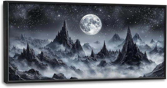 Olivine Mountain Large Wall Art, Black And White Pictures Wall Decor, Nature Landscape Paintings, Moon Canvas Prints, Framed Artwork for Dining Room Bedroom Living Room Office Bathroom Home 60"x30"