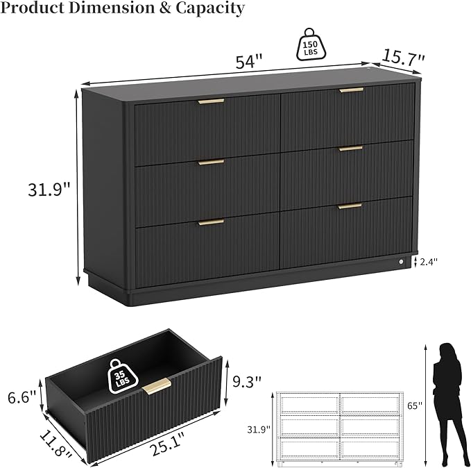 Fluted Dresser for Bedroom with 6 Drawers, 54" Wide Modern Chest of Drawers with Lighting, Wooden Dresser TV Stand with Curved Edges, Closet Organizer for Living Room, Hallway, Black