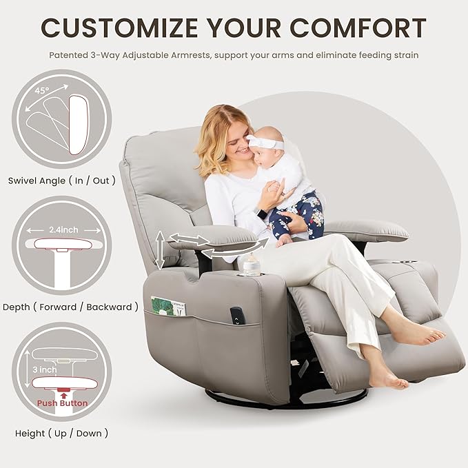 SUNWAVE Power Nursery Rocking Chair with Adjustable Armrests, Nursing Chair with USB, Cup Holders & Blanket, Swivel Rocker Recliner with Corduroy and PU Leather Mixed Fabric (Gray)