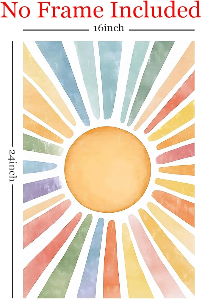 Boho Sun Canvas Wall Art Nursery Sun Prints Watercolor Sunshine Art Colorful Sunshine Poster Abstract Geometric Painting Colorful Geometric Prints Modern Minimalist Poster 16x24inch Frameless