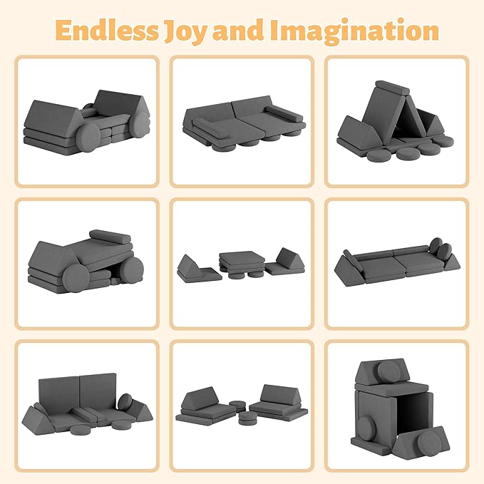 12 PCS Modular Kids Play Block Couch Child Sectional Soft Sofa Toddler Building Fortplay Climbing Bedroom Playroom Baby Convertible Floor Foam Cushion for Boys & Girls (car-Shaped-Dark-Grey)
