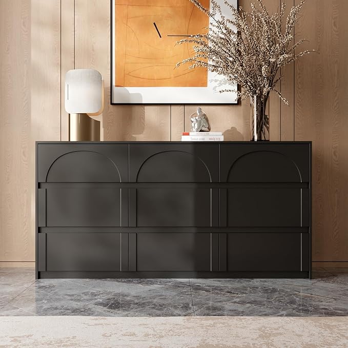 9 Drawer Dresser Chest of Drawers, Modern Black Dresser for Bedroom, 63” Wide Drawer Chest, No Handles, Arch-Shape Pattern, 9 Drawer Cabinet for Living Room, 13.8”D x 63”W x 31.5”H