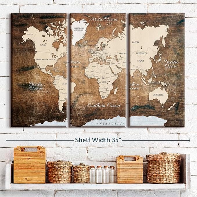 ElephantStock Aged Brown World Map I Wall Art - 3 Piece Canvas World Map Wall Decor - Ready-to-Hang Canvas Print - Vintage Wall Art - 33" X 20"
