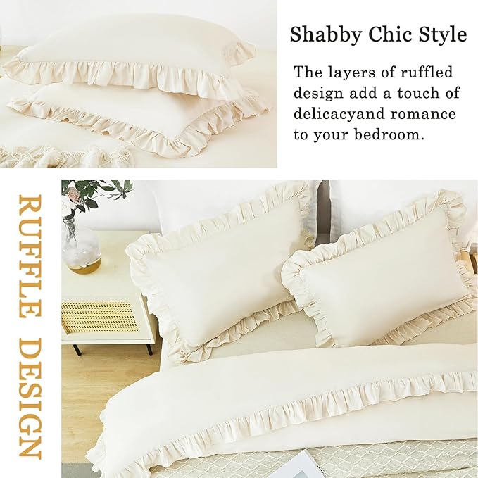 3 Pieces Beige Comforter Duvet Cover Full Boho Vintage Ruffled Duvet Cover Set Microfiber Soft Kids Bedding Set for Girls All Seasons(Beige, Full)