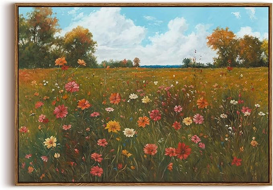 OIQArtOIQ Vintage Landscape Framed Wall Art Fall Countryside Colorful Wildflower Field Canvas Art Prints Farmhouse Cottagecore Pictures Wall Decor Rustic Meadow Paintings Artwork For Kitchen Bedroom