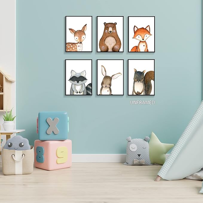 gooptyinh 6 Pieces Woodland Animals Nursery Canvas Wall Art Cute Safari Jungle Animal Deer Bear Bunny Pictures Room Posters Farmhouse Forest Theme Fox Squirrel Raccoon Prints Decor 12x16in Unframed
