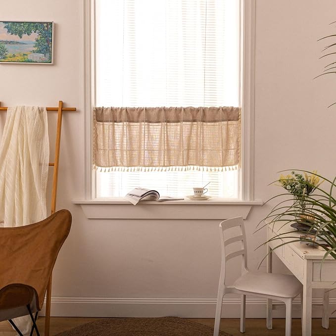 Deeprove Boho Curtain Valance 18 Inches Length Bohemian Lattice Gingham Textured Embroidery Plaids, Vintage Chic Tassels Antique Decor Drapes Rod Pocket, 1 Panel W52 x L18, Natural Linen