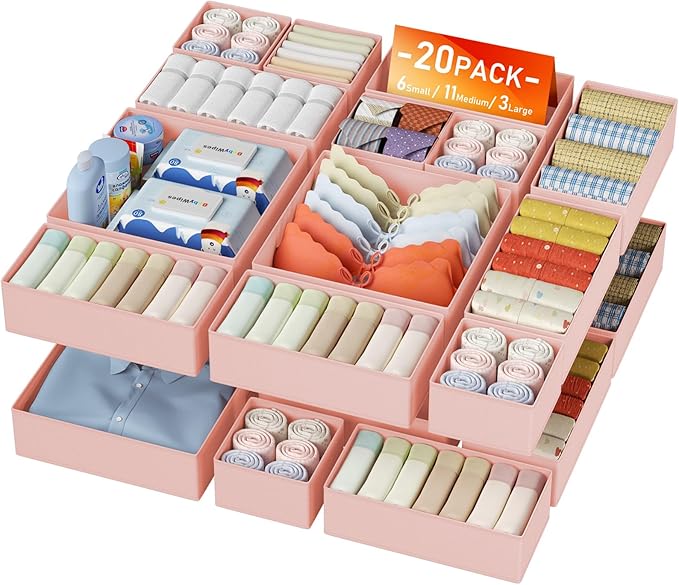 DIMJ Drawer Organizer Clothes 20 Pack - Foldable Baby Organizers and Storage & Dresser Organizer for Bedroom, Closet - Nursery Organization Dresser Dividers for underwear, Sock,Bra, Belt, Tie, Pink