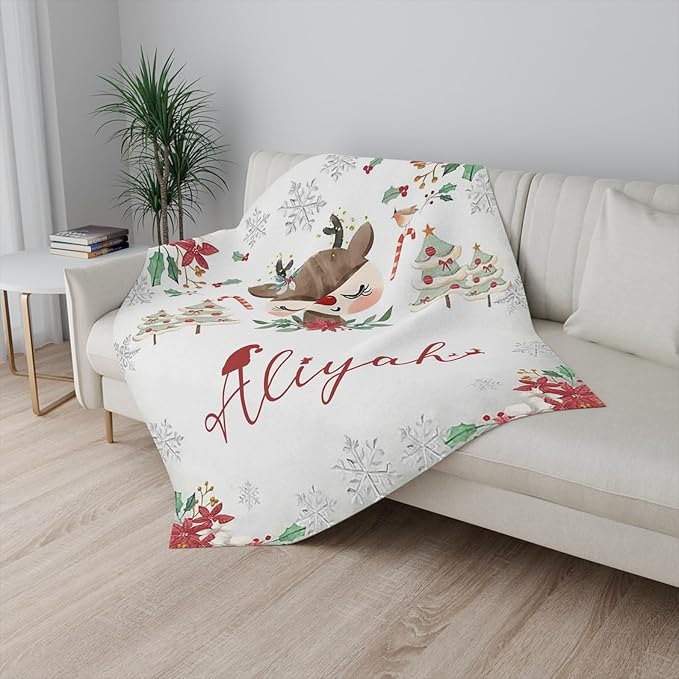 Personalized Baby's First Christmas Blanket, Custom Winter Reindeer Nursery Baby Name Christmas Blanket, Soft Fleece Or Sherpa Throw, Baby Shower, Made in USA