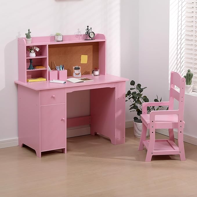 GarveeHome Kids Desk and Chair Set, Wooden Study Table with Storage Shelf, Bulletin Board, Children School Learning Desk Set, Writing Table for Boys and Girls, Pink