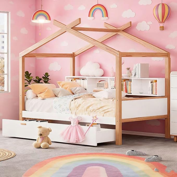 Twin Size Wooden House Bed with Two Drawers and Bookshelf Storage Space, Original Wood Colored Frame with Roof and Slats Support for Kids Teens Girls Boys Bedroom (White+Drawers, Twin)