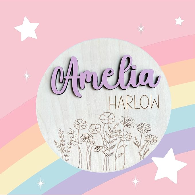 Personalized Baby Girl Floral Engraved Birth Announcement Name Sign, Baby Name Reveal, Sign for Hospital, Newborn Photo Prop, 19 Font Options, 30 Colors (Name Sign)