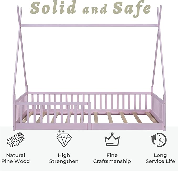 Twin House Bed with Fence Rails, Wood Montessori Floor Bed with Slats Support, Twin Size Teepee Tent Beds Kids Bed Frames for Girls Boys,Pink