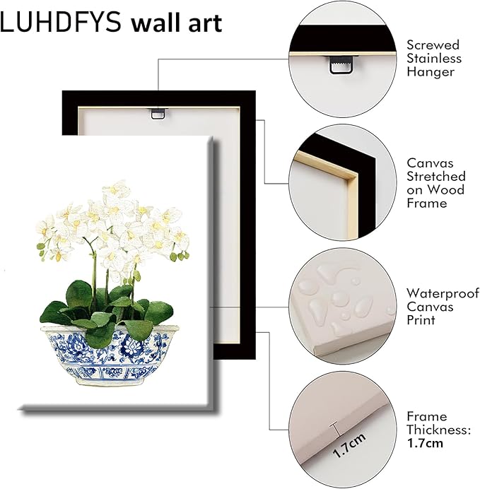 LUHDFYS White Orchid & Magnolia Watercolor Art Canvas Blue And White Chinoiserie Wall Art Print Oriental Vase Blue White Willow Style Porcelain Flower Jar Picture Poster Decor Wrapped Canvas