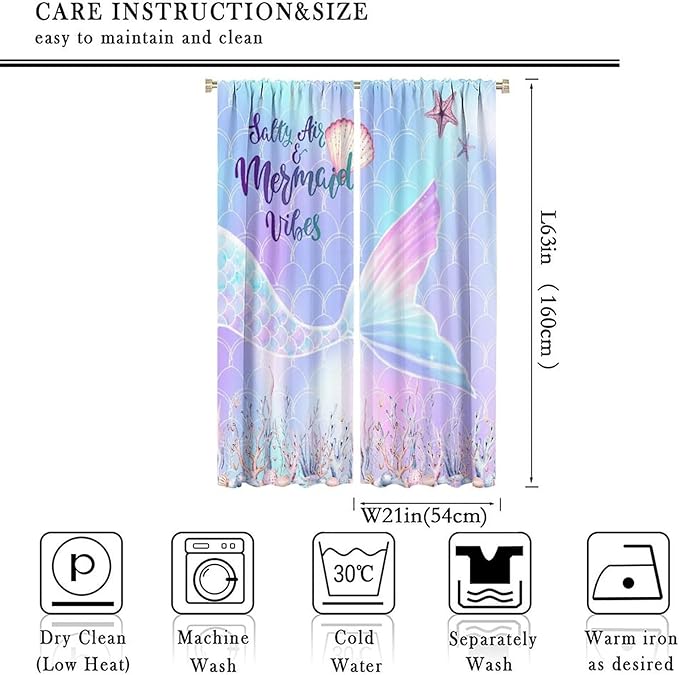 Fantasy Mermaid Curtain Colorful Rainbow Fish Tail Ocean Theme Beautiful Kids Window Treatment for Girls Bedroom Nursery Room Decor Rod Pocket Window Drapes 42x63in