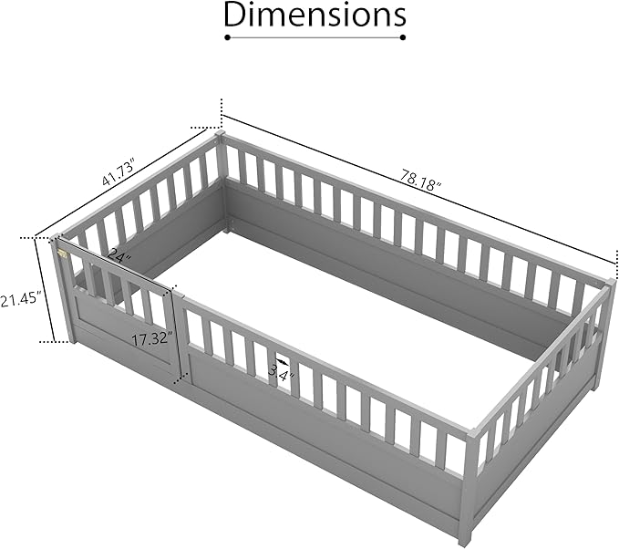 Ball & Cast Twin Size Montessori Floor Bed with Baffle Design & Open Door,Toddler Floor Bed Frame W/Fence and High Guardrails,Wooden Playhosue Bed for Girls and Boys,No Box Spring Needed,Grey