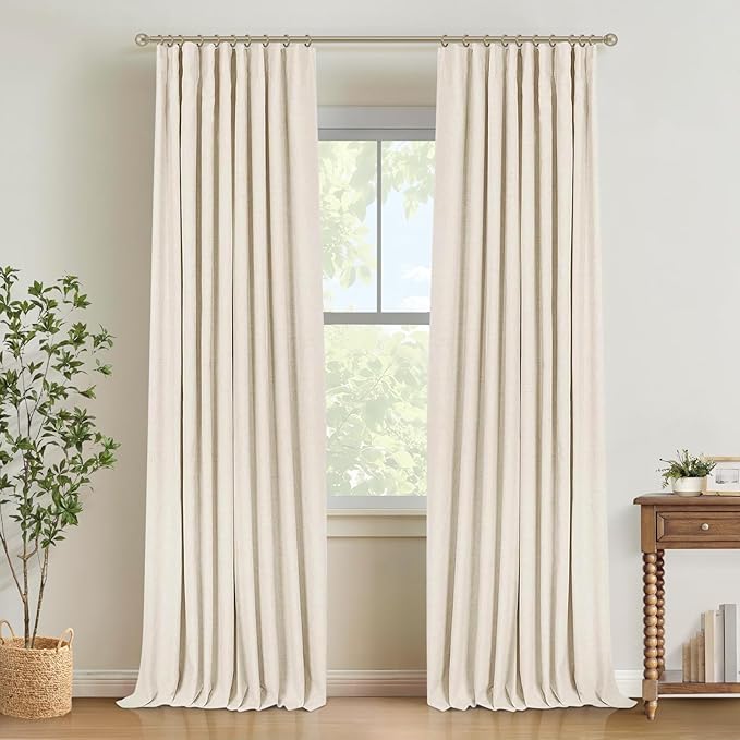 INOVADAY 100% Blackout Curtains for Bedroom, Black Out Curtains 108 Inch Long, Clip Rings Linen Blackout Drapes, Thermal Insulated Room Darkening for Living Room, 2 Panels - Cream,W50xL108