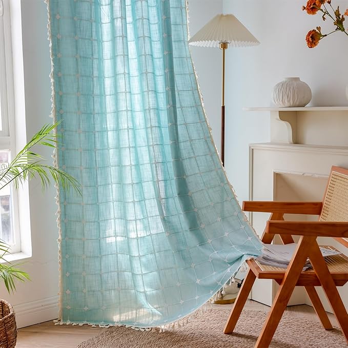 Deeprove Boho Plaid Curtains 63 inch for Home Office Kitchen Nursery Playroom, Semi Blackout Farmhouse Tassels Window Treatment Bohemian Embroidery Drape Rod Pocket 1 Panel 52" W x 63" L, Aqua