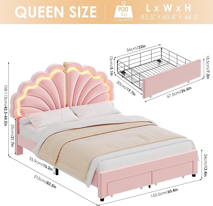 Keyluv Queen Princess Bed Frame with Storage Drawers, Soft Velvet Upholstered LED Platform Bed with Adjustable Modern Shell Headboard, No Box Spring Needed, Noise-Free, Pink