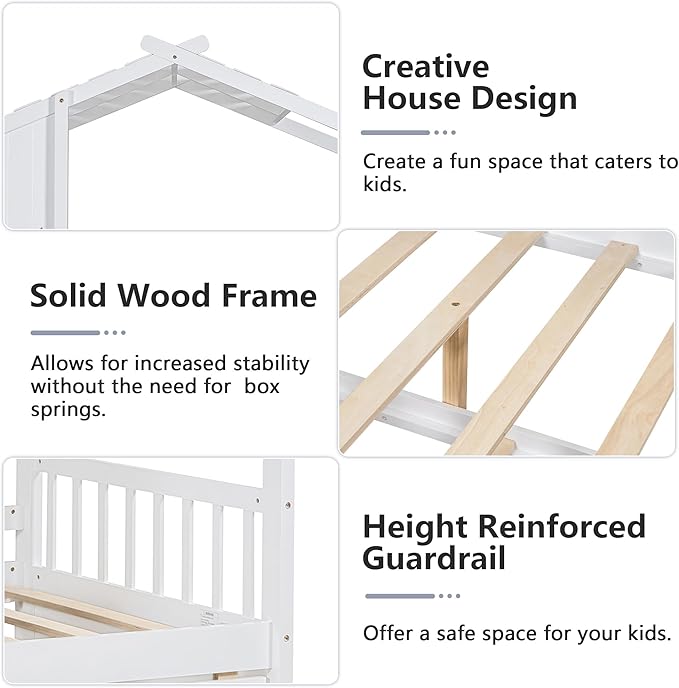Full Size Bed Frames for Kids, House Bed with Trundle and Shelves, Wood Playhouse Platform Bed Frame with Window and Fence for Boys Girls, White, 74.4" L x 58" W x 72" H