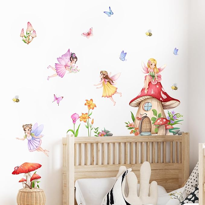 Supzone Mushroom House Fairy Wall Decals Elf Flowers Butterflies Wall Stickers Peel and Stick Vinyl Wall Art Decor for Girls Baby Nursery Bedroom Living Room