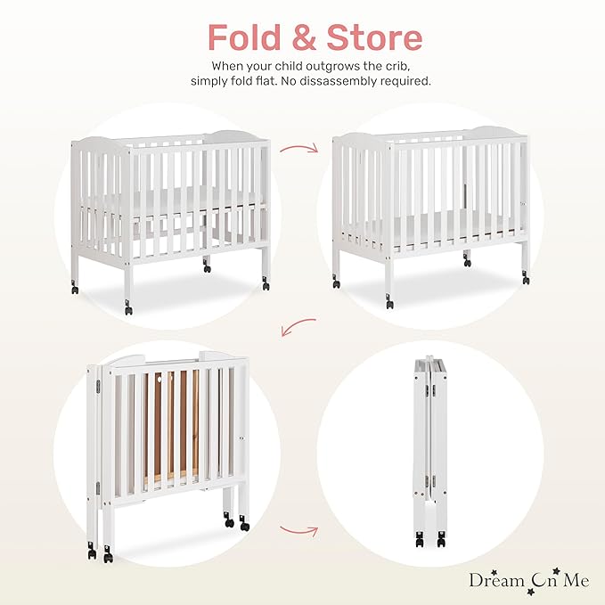 Dream On Me 2-in-1 Folding Portable Compact Mini Baby Crib in White, GreenGuard Gold & JPMA, US Patented Flat Folding System, Locking Wheels, 1″ Mattress Pad, Space-Saving Quck Fold Easy Storage