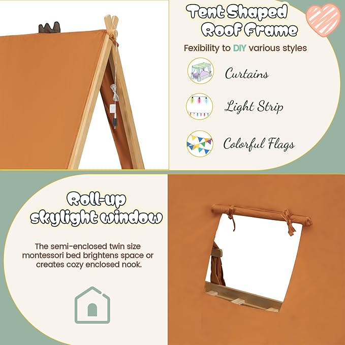 Montessori Floor Bed Twin with Tent & Light, Wood Twin House Beds for Kids, DIY Playhouse, Low-Profile Teepee Bed, Playful Indoor Adventure & Sleep for Girls Boys,Natural+Brown