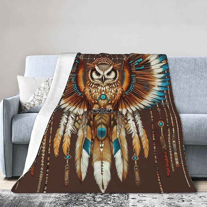 Owl Blanket Native American Decor Throw Blanket Super Soft Flannel Lightweight Fluffy Plush Fuzzy Fleece Indian Blanket Gifts for Girl Woman Adults Man Boys Kids Baby for Bed Sofa 60"X80"