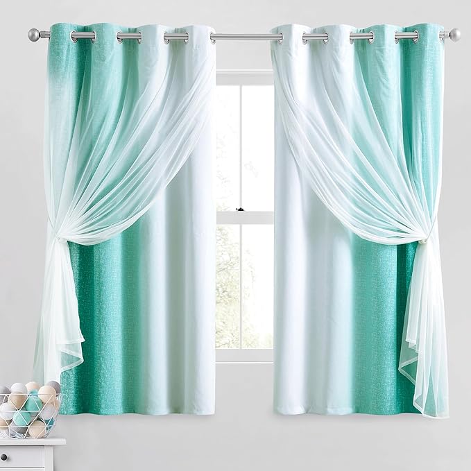 100% Blackout Curtains with Sheer Overlay Mix and Match Double Layer Drapes 63 Inch Length 2 Panels for Bedroom Living Room Teal White Ombre Grommet Window Treatment with Tiebacks