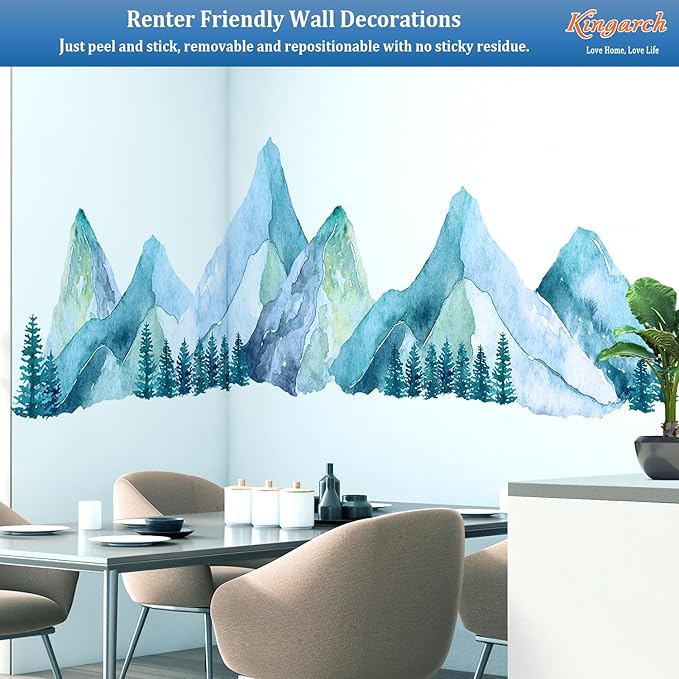 Large Mountain Wall Decals, Blue Pine Tree Peel and Stick Vinyl Wall Stickers & Murals, Removable Home Room Wall Decor for Bedroom Living Room Bedroom Classroom Office Nursery